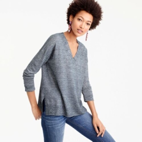 J. Crew V-Neck Side Slit Pullover Sweater Merino Wool Linen Blend XS Blue - Picture 2 of 10